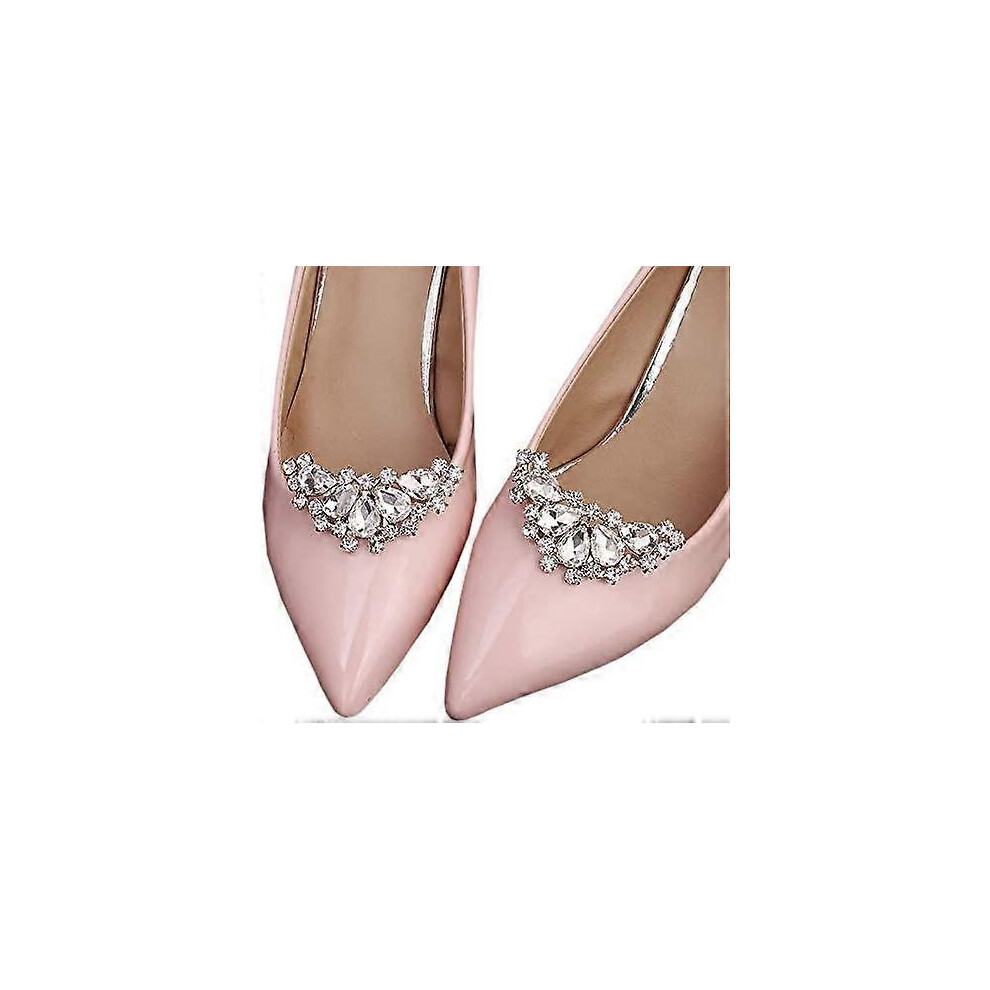 (As show, One size) 1 pair of silver crystal detachable shoe clips, shoe jewelry decoration, crystal shoe buckle wedding party