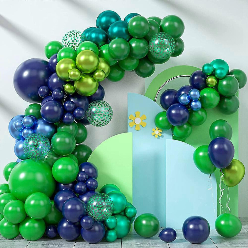 (As show, One size) Balloon arch suit blue and green, navy blue dark green balloon wreath suit, double chrome blue balloon, metal green blue, green confetti balloon, used