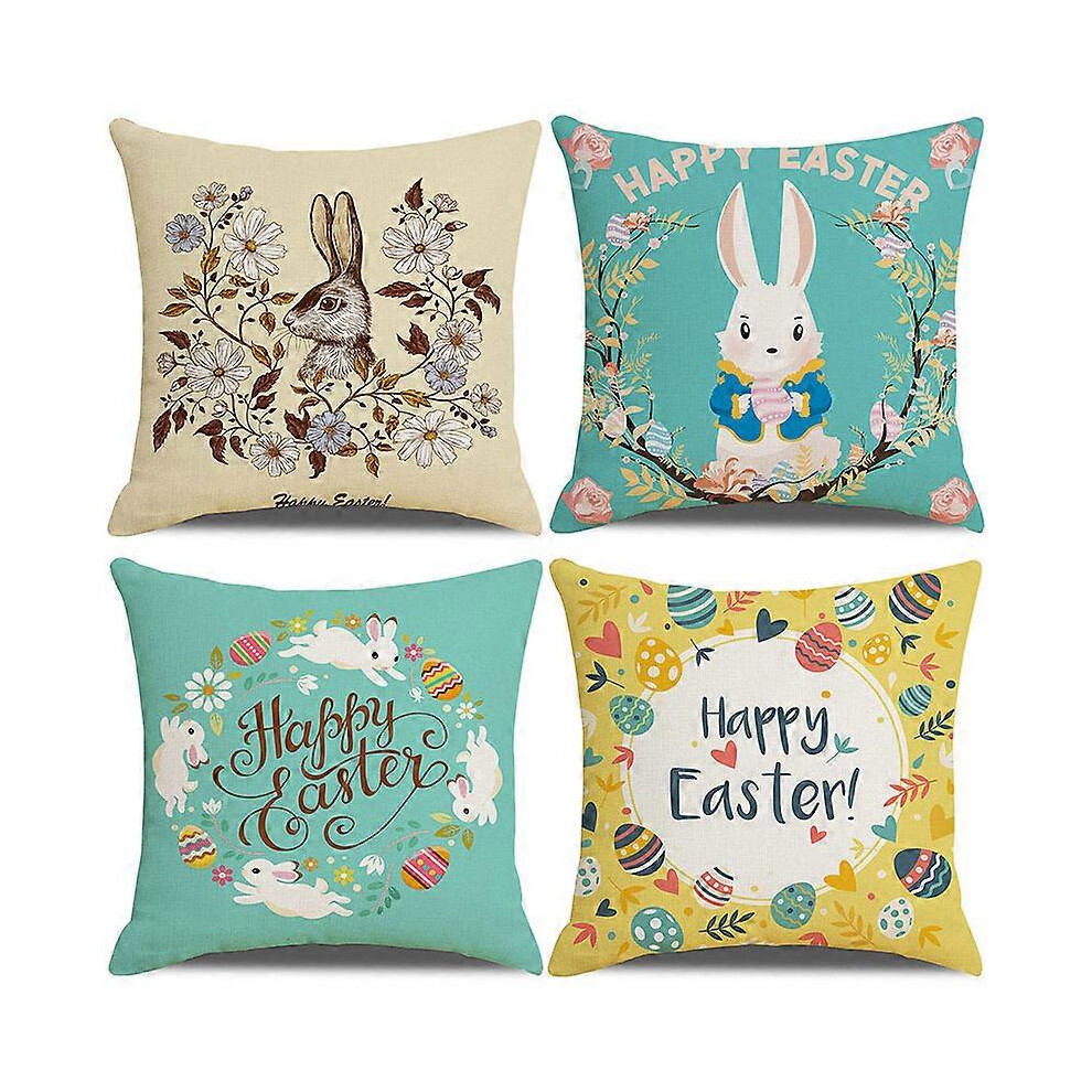 (As show, One size) 4-piece Easter pillowcase Rabbit Easter Egg Pillow Case Soft Cotton Linen Decoration Throw Pillow Cover Sofa Office Bed Holiday Ea
