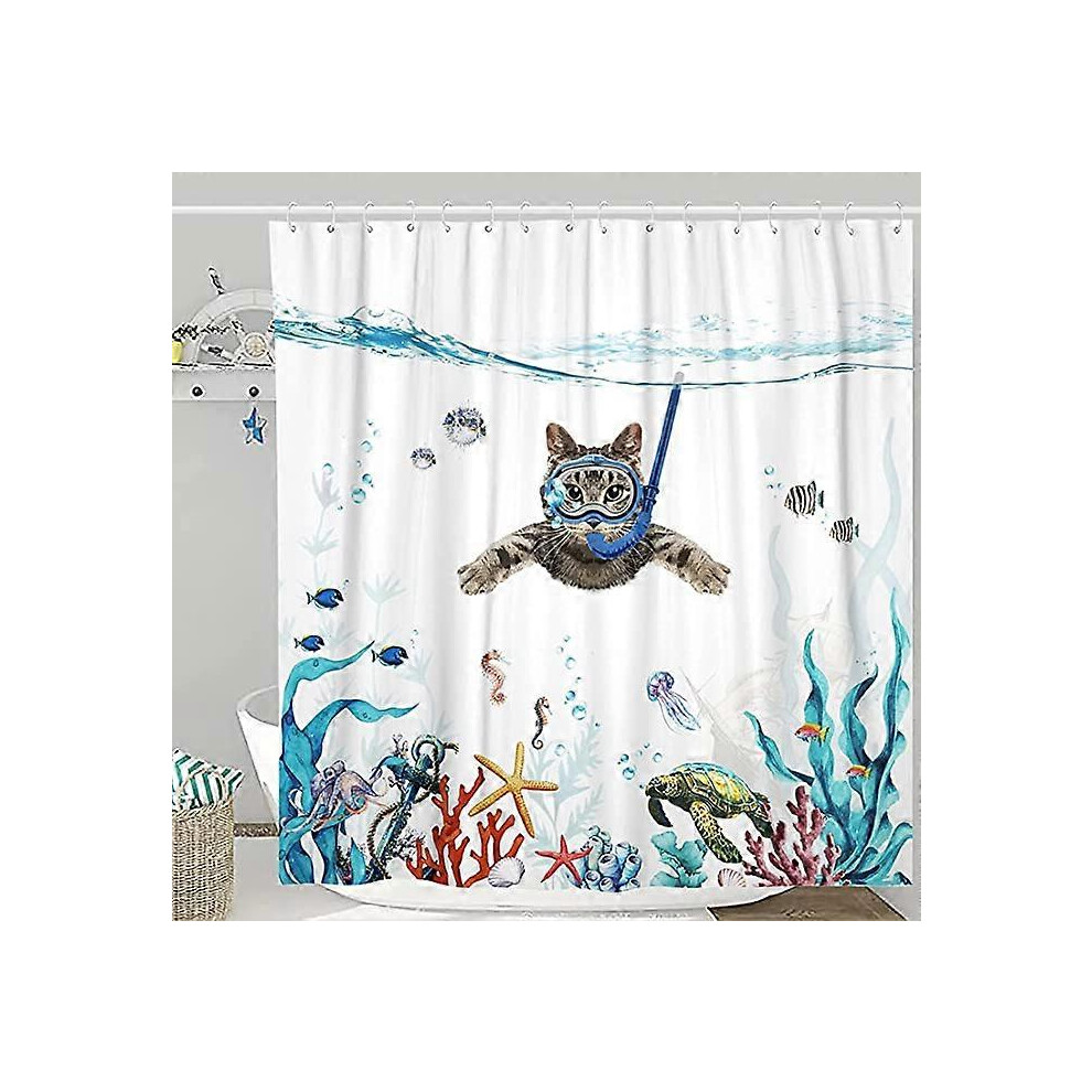 (As show, One size) Shower curtain set, mold resistant 180 x 180 cm (71 x 71 inches), 3D high-definition diving kitten shower curtain, washable polyester, with 12 hooks,