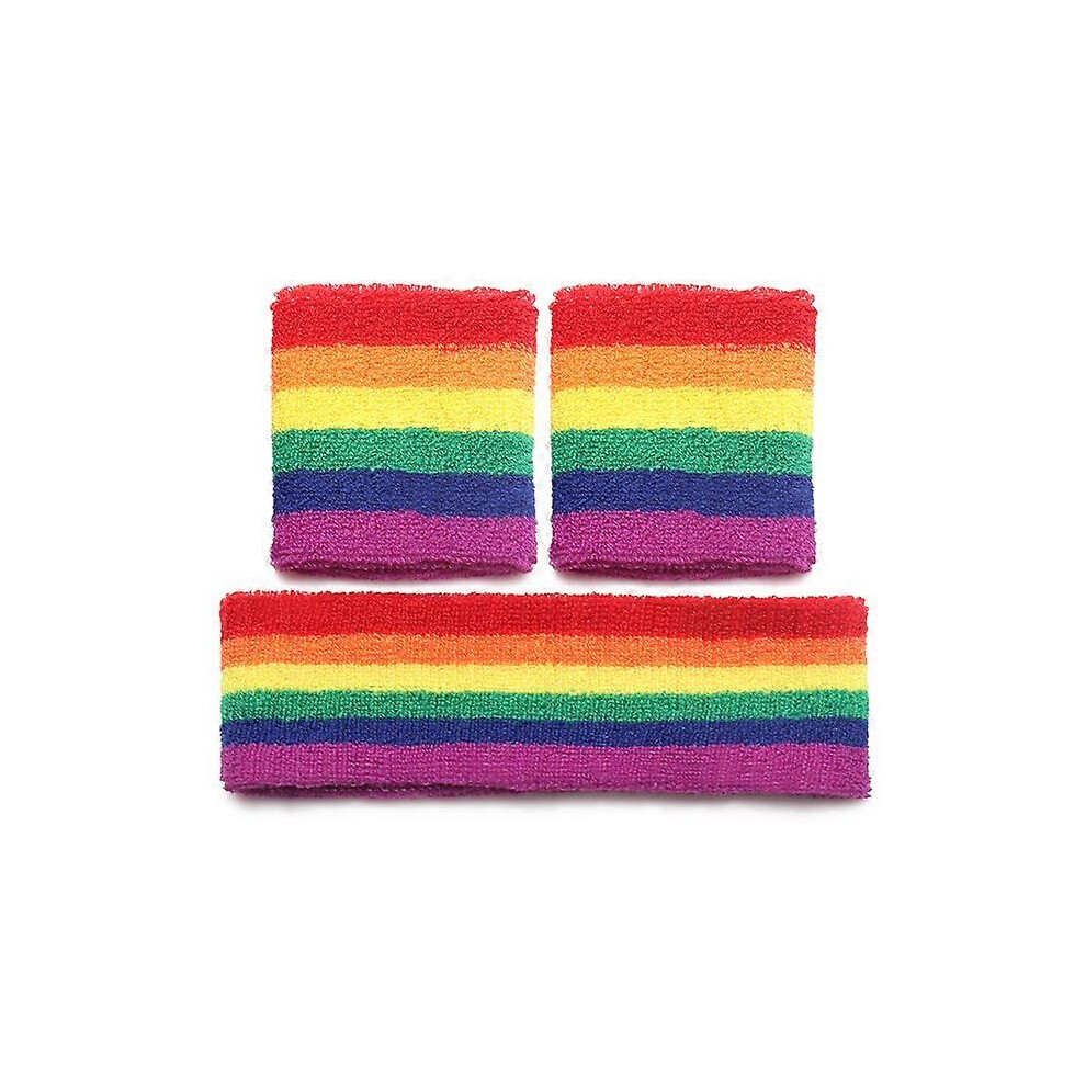 (As show, One size) Sweat Bands Set, Striped Sweatbands Set Includes Sports Headband and Wristbands Rainbow Headband for Men and Women