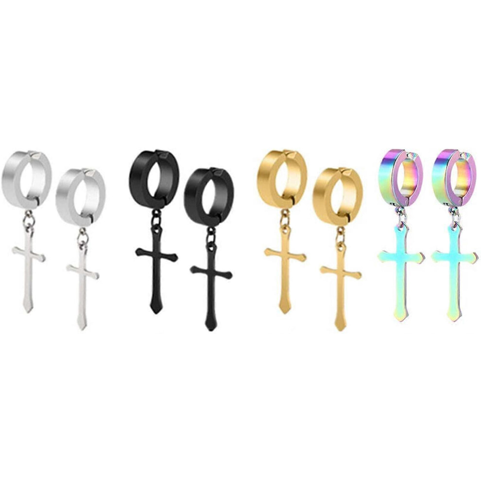 (As show, One size) Unperforated clip style cross earrings (8 pieces) cross hanging hanging hoop hinge earring set for men and women graduation Easter Christmas unperfora
