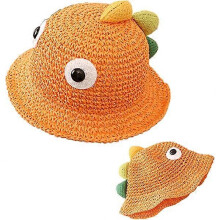 (As show, One size) Cartoon cute dinosaur fisherman hat (orange, hat circumference 48CM), summer girl sun hat, straw hat, beach hat, cute, lightweight and breathable