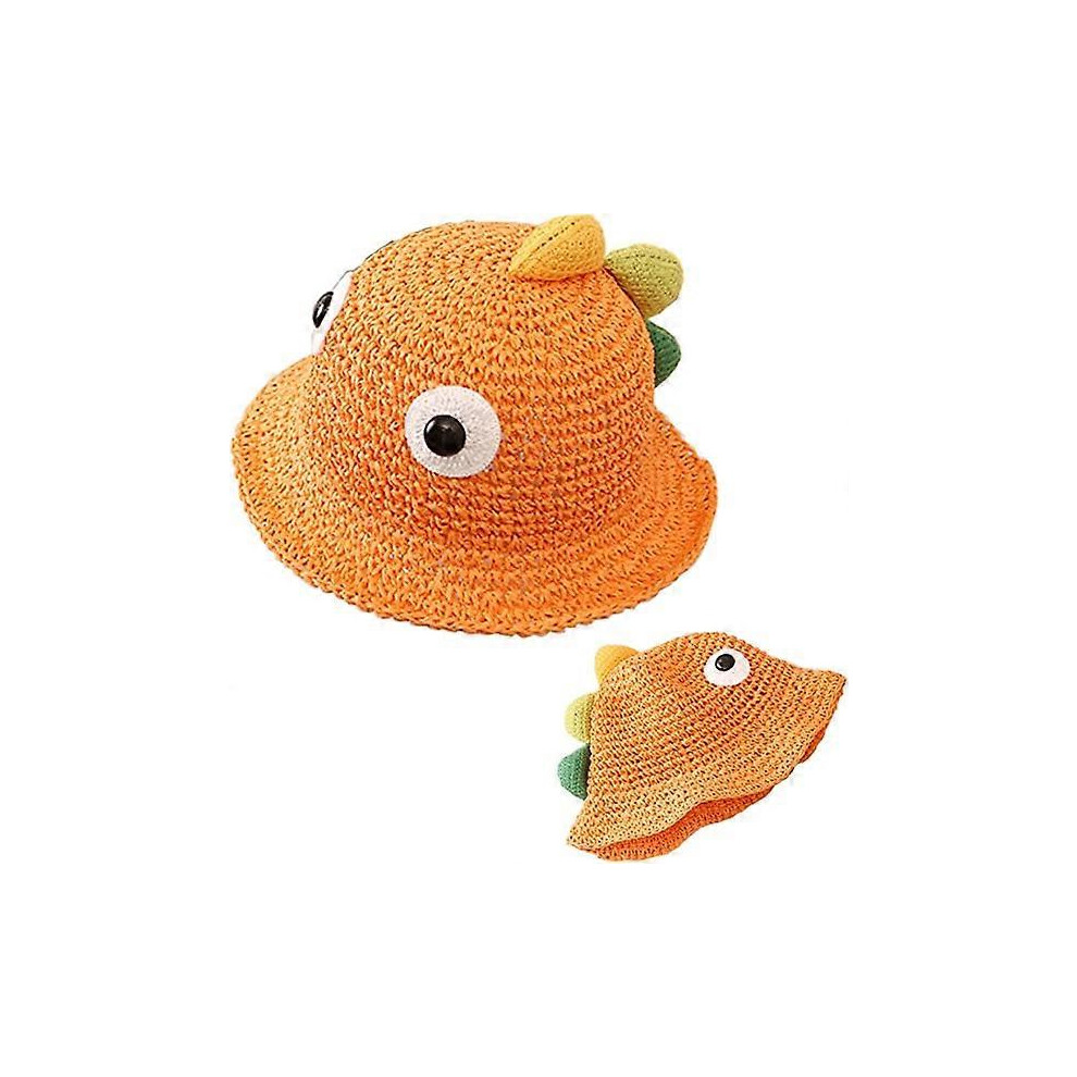 (As show, One size) Cartoon cute dinosaur fisherman hat (orange, hat circumference 48CM), summer girl sun hat, straw hat, beach hat, cute, lightweight and breathable
