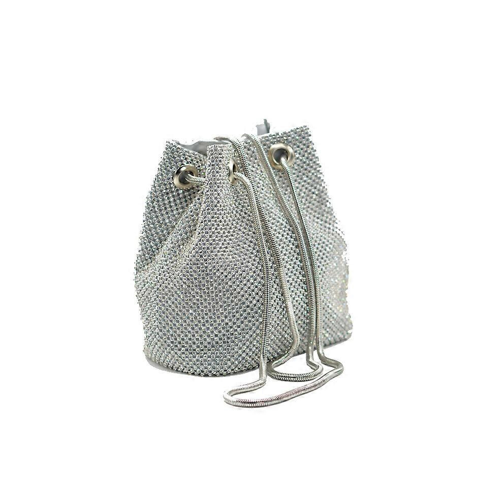 (As Show, One Size) Mini Bucket Bag For Women With Shiny Rhinestones Small Shoulder Bag Evening Clutch Bag For Women Silver