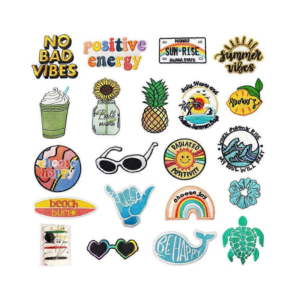 (As show, One size) A set of 20 summer wind cloth stickers beach travel scenery embroidery stickers computer embroidery suitcase decoration patches