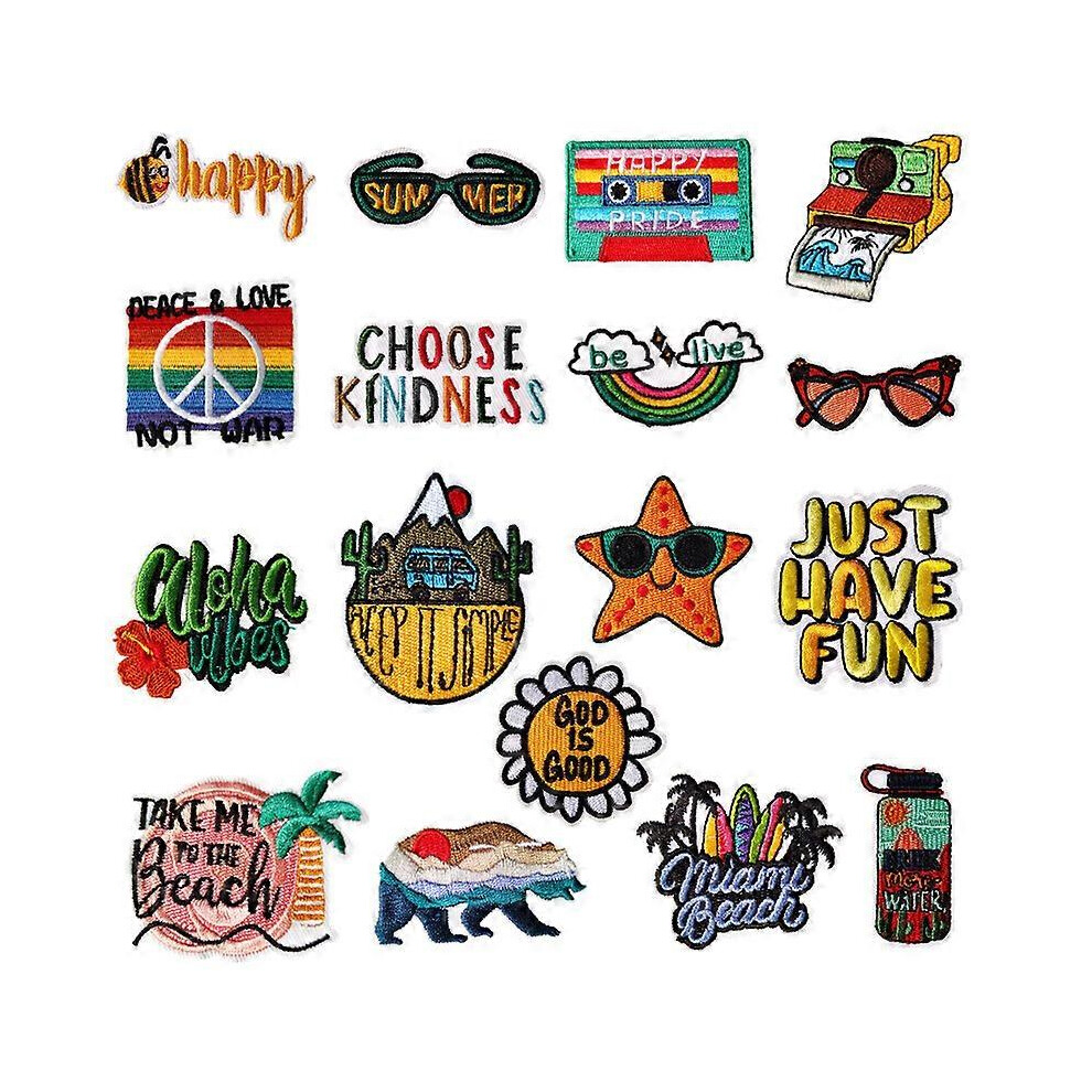 (As show, One size) A set of 17 new computer embroidery color cloth stickers travel style patch stickers cartoon cute diy hole stickers embroidery sti