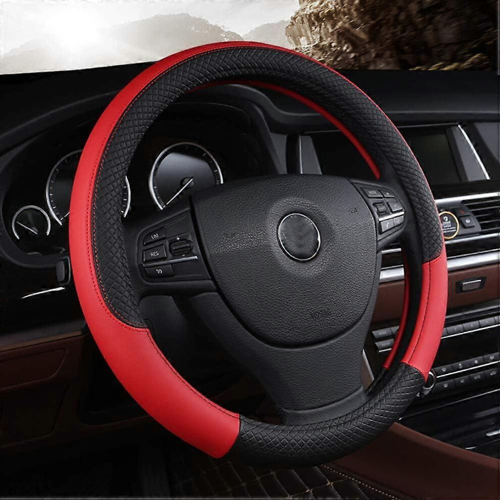 (As show, One size) Microfiber leather steering wheel cover with wavy stitching in black and red