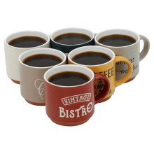 (260ml) 6 Coloured Stoneware Coffee Tea Espresso Mugs Vintage Café Style Retro Set