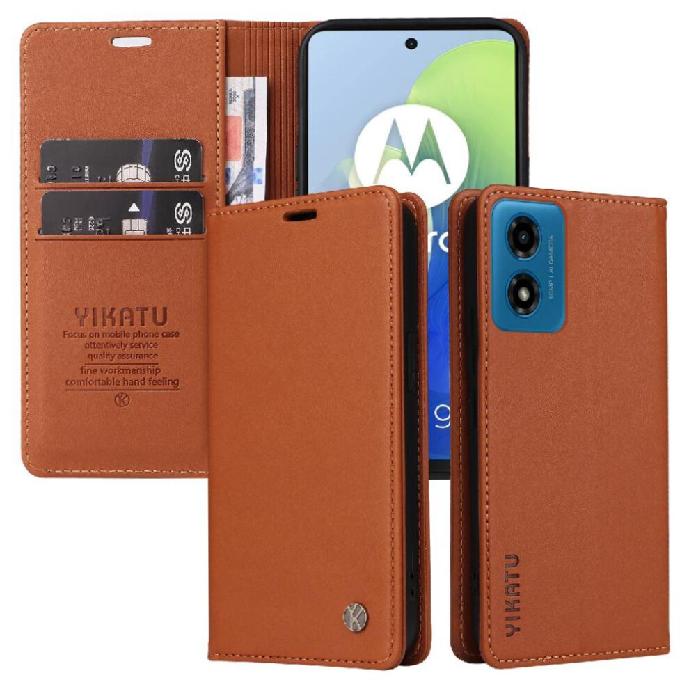 (Brown) Flip Case For Motorola Moto G04/G24 And Stand Functionality Strong Magnetic Attraction Faux Leather And Full Matte Tpu With Card Slots Brown 764563675845