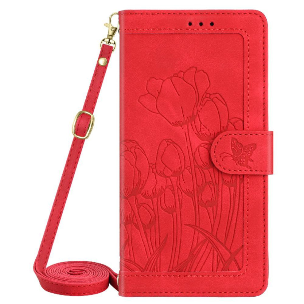 (Red) Fashion Wallet Case For Samsung Galaxy A21s Crossbody And Wrist Strap Pu Leather Kickstand Magnetic Closure Tulip Embossed Flip Case Red 764563676538