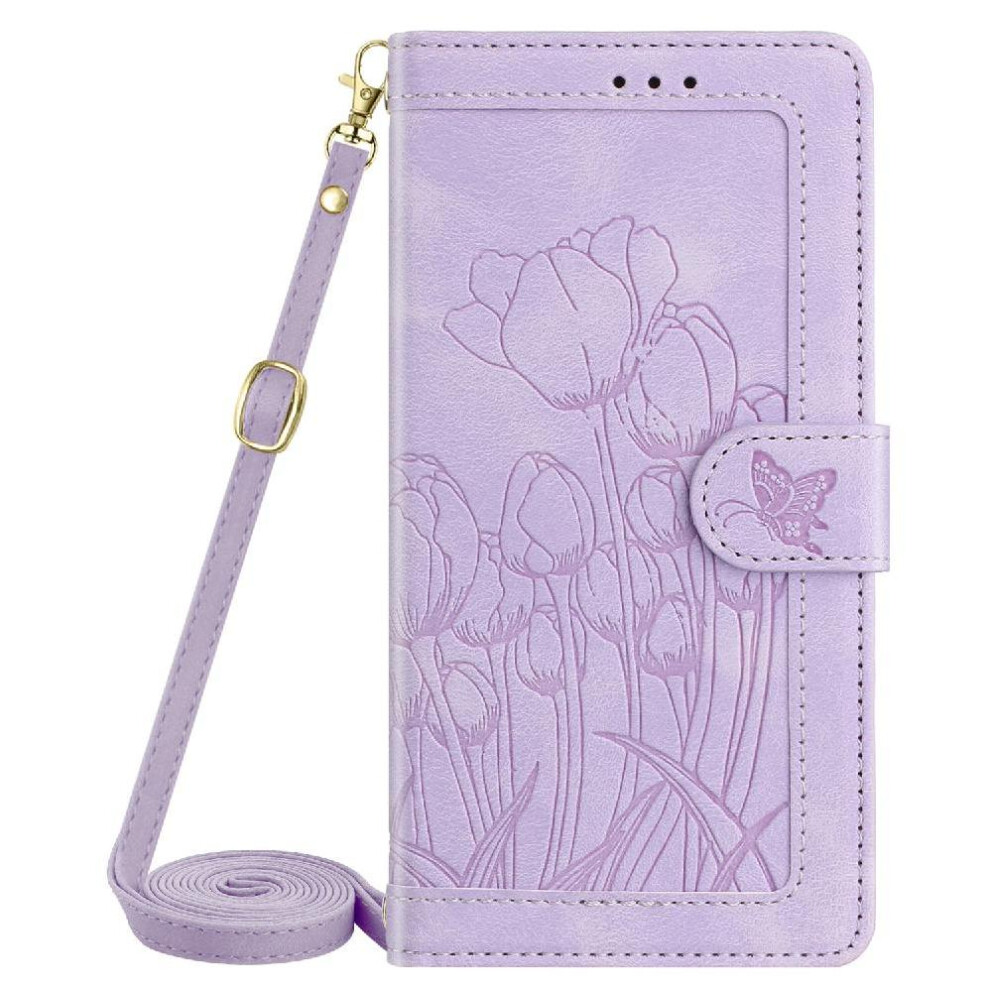 ( Violet) Fashion Wallet Case For Samsung Galaxy A21s Crossbody And Wrist Strap Pu Leather Kickstand Magnetic Closure Tulip Embossed Flip Case Light 764563676521