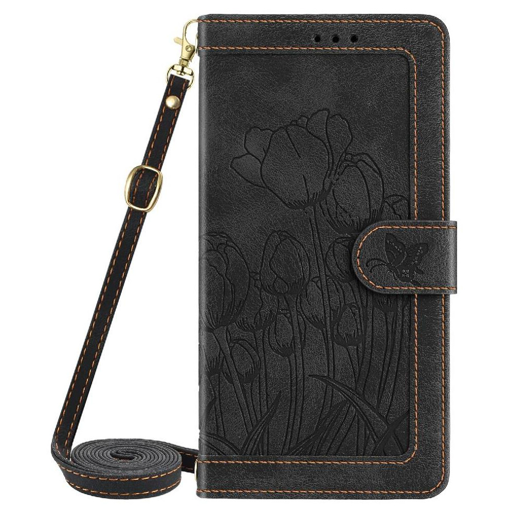(Black) Fashion Wallet Case For Samsung Galaxy A71 4G Pu Leather Magnetic Closure Kickstand Tulip Embossed Flip Case Crossbody And Wrist Strap Black 764563676613