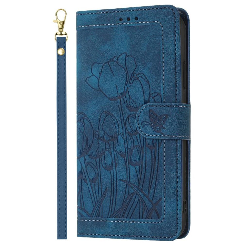 (Blue) Wallet Case For Samsung Galaxy A71 4G Magnetic Closure Tulip Embossed Flip Case Wrist Strap Kickstand Pu Leather Blue 764563676941