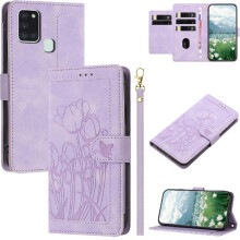 (Light Violet) Wallet Case for Samsung Galaxy A21s Pu Leather Magnetic Closure Kickstand Tulip Embossed Flip Case Wrist Strap