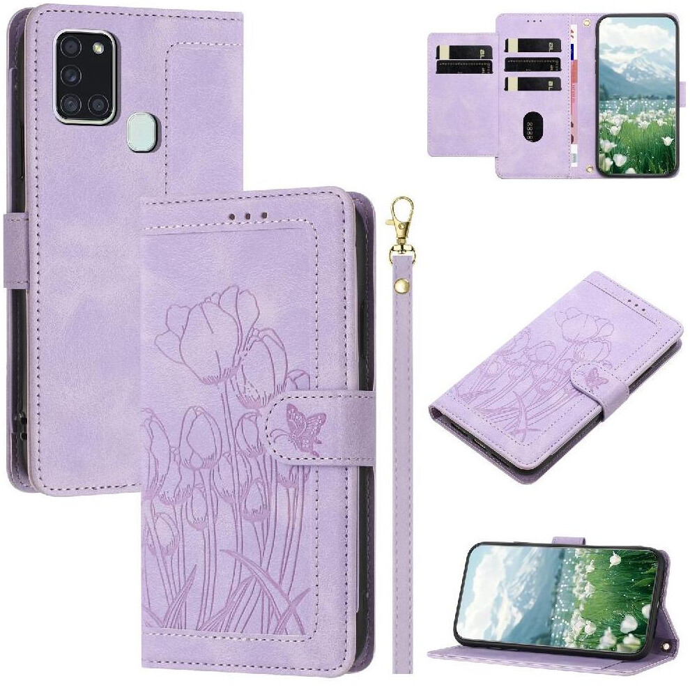 ( Violet) Wallet Case For Samsung Galaxy A21s Pu Leather Magnetic Closure Kickstand Tulip Embossed Flip Case Wrist Strap Light 764563676989