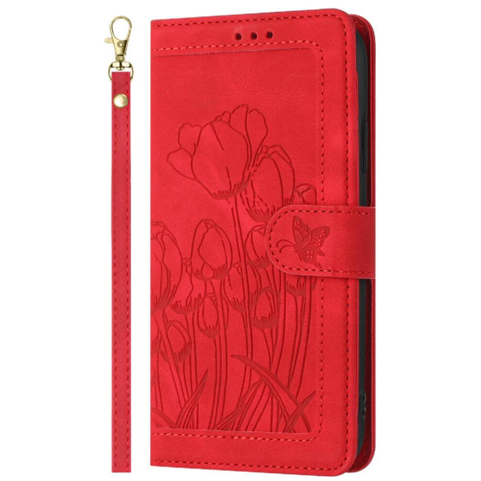 (Red) Wallet Case For Samsung Galaxy A21s Pu Leather Magnetic Closure Kickstand Tulip Embossed Flip Case Wrist Strap Red 764563676996