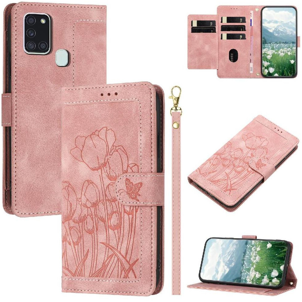 (Pink) Wallet Case For Samsung Galaxy A21s Pu Leather Magnetic Closure Kickstand Tulip Embossed Flip Case Wrist Strap Pink 764563676965
