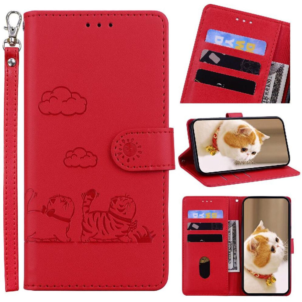 (Red) Flip Case For Samsung Galaxy A21s Leather Wallet Cat Rfid Card Slot Holder Kickstand Red 764563678464