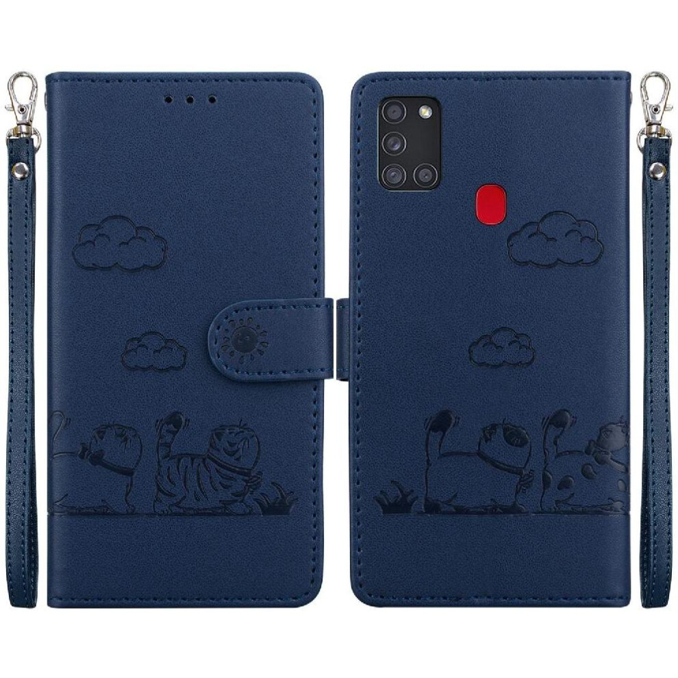 (Blue) Flip Case For Samsung Galaxy A21s Leather Wallet Cat Rfid Card Slot Holder Kickstand Blue 764563678471