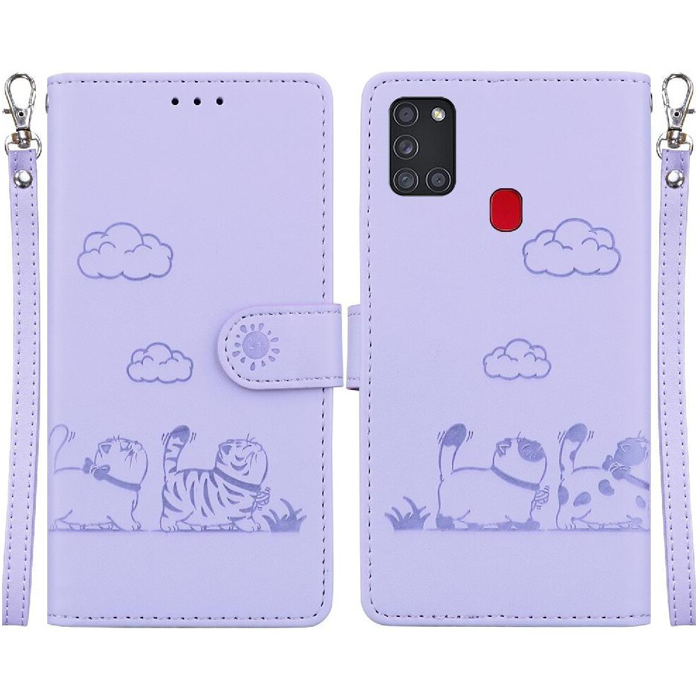 (Purple) Flip Case For Samsung Galaxy A21s Leather Wallet Cat Rfid Card Slot Holder Kickstand Purple 764563678457