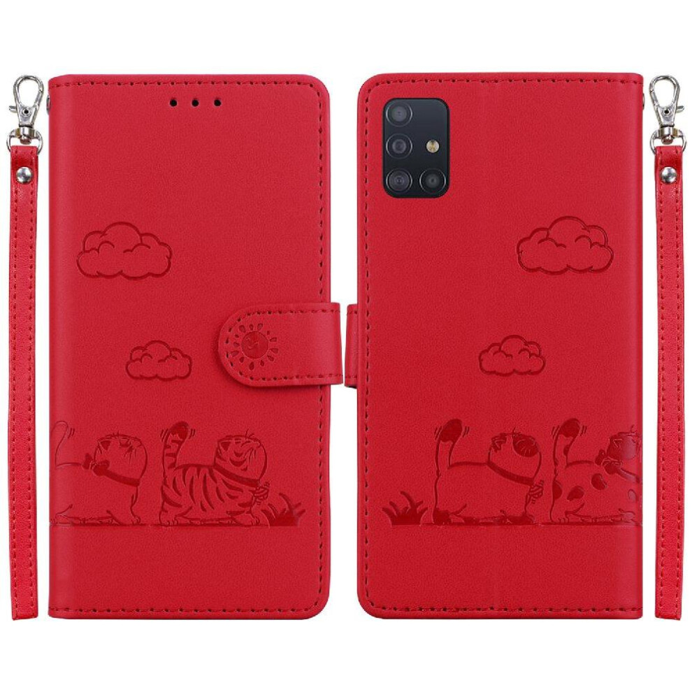 (Red) Flip Case For Samsung Galaxy A71 4G Card Slot Holder Kickstand Leather Wallet Cat Rfid Red 764563678525