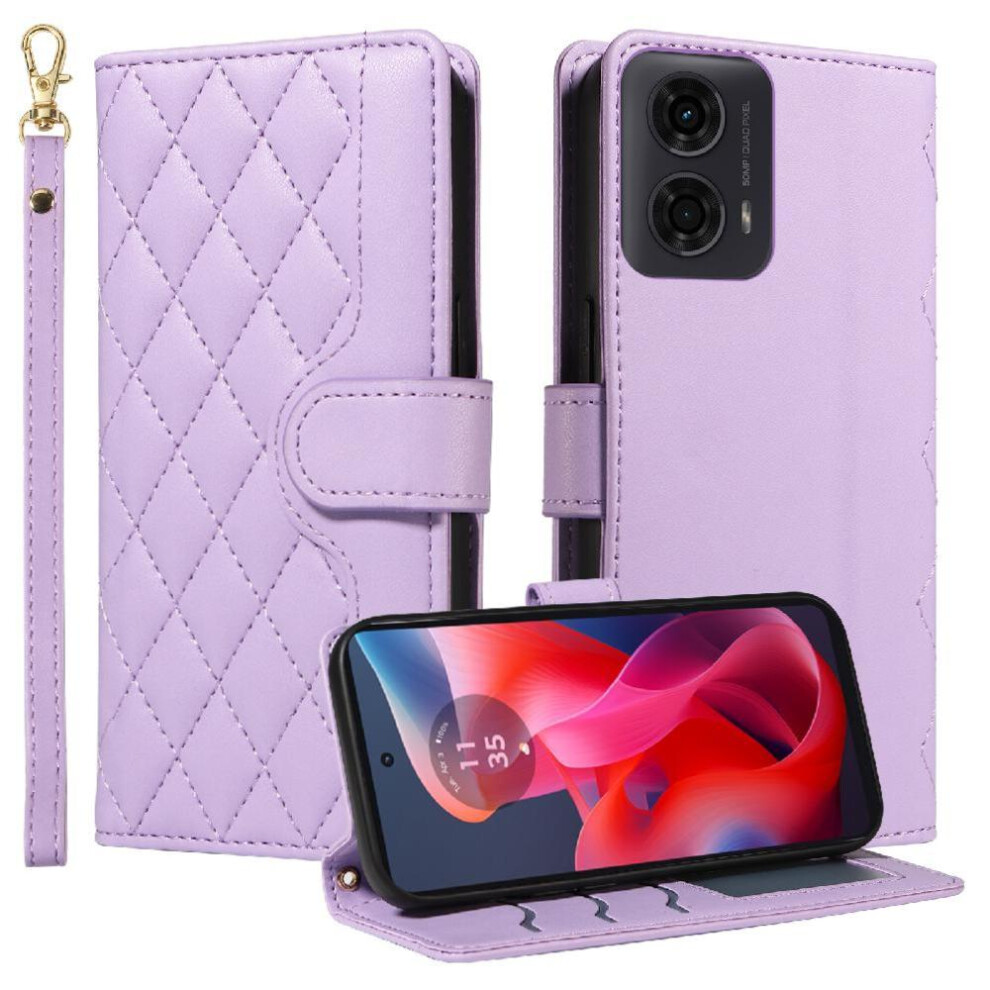 (Purple) Flip Case For Motorola Moto G04s Wallet Card Slots Detachable Wrist Strap And Long Lanyard Lattice Flip Folio Phone Case With Stand Purple 764563678716