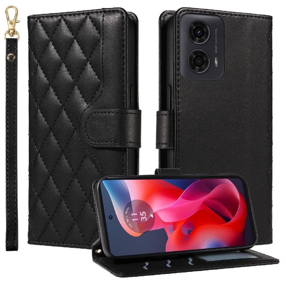 (Black) Flip Case For Motorola Moto G04s Wallet Card Slots Detachable Wrist Strap And Long Lanyard Lattice Flip Folio Phone Case With Stand Black 764563678709