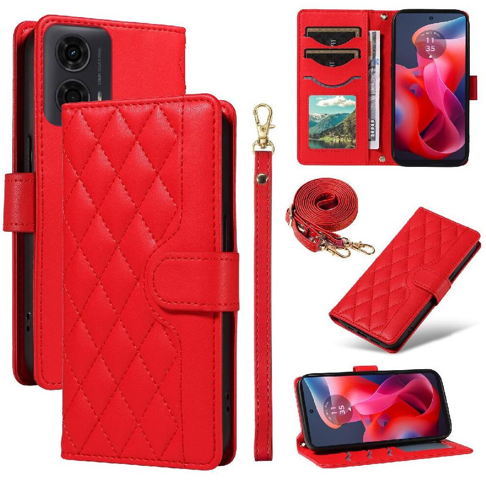 (Red) Flip Case For Motorola Moto G04s Wallet Card Slots Detachable Wrist Strap And Long Lanyard Lattice Flip Folio Phone Case With Stand Red 764563678723