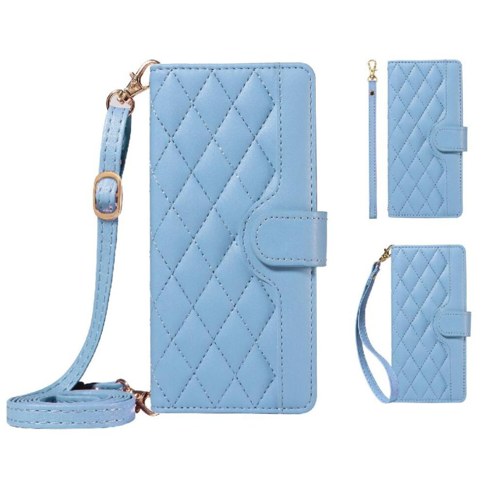 (Blue) Flip Case For Motorola Moto G04s Wallet Card Slots Detachable Wrist Strap And Long Lanyard Lattice Flip Folio Phone Case With Stand Blue 764563678747