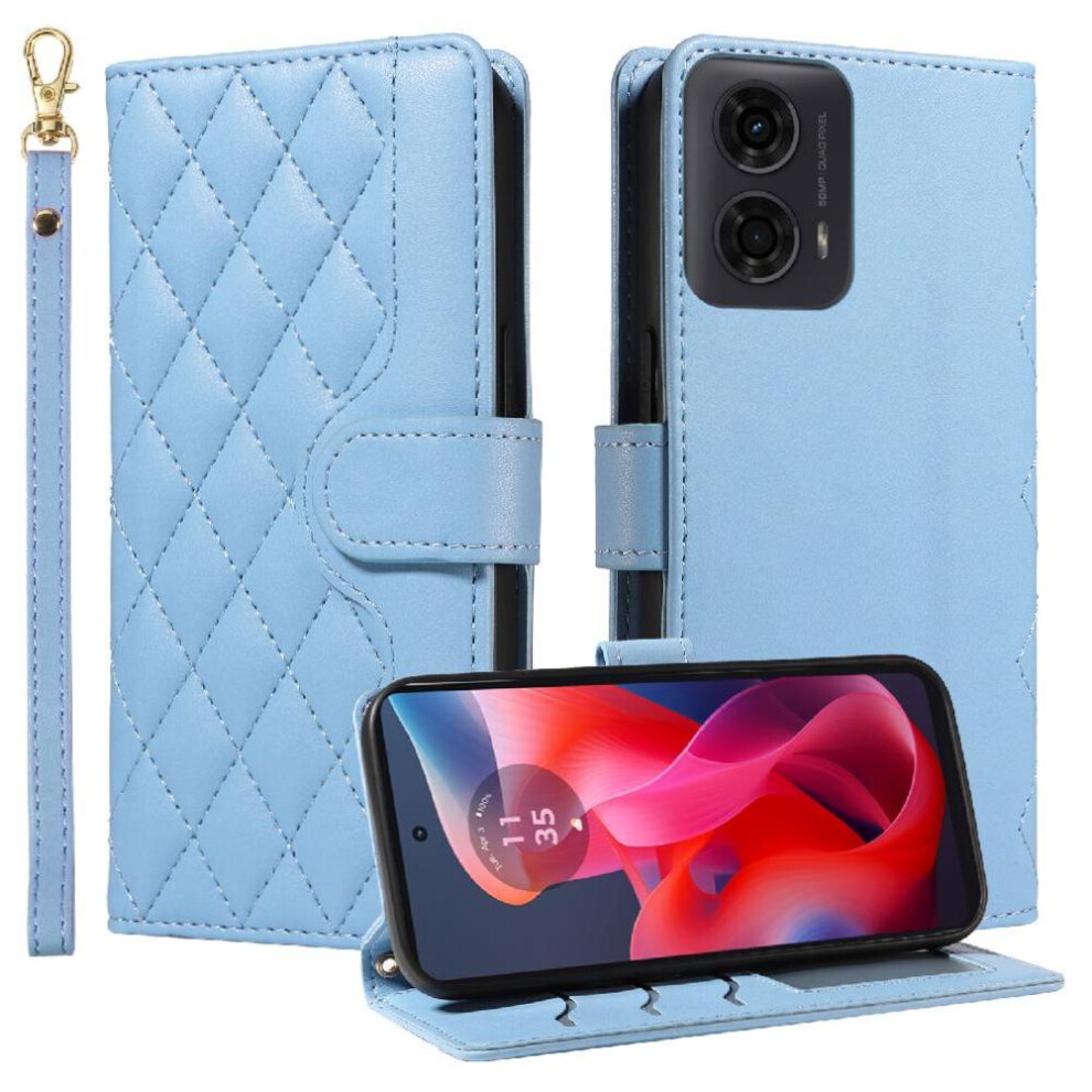 (Blue) Flip Case For Motorola Moto G04 Wallet Card Slots Detachable Wrist Strap And Long Lanyard Lattice Flip Folio Phone Case With Stand Blue 764563678822
