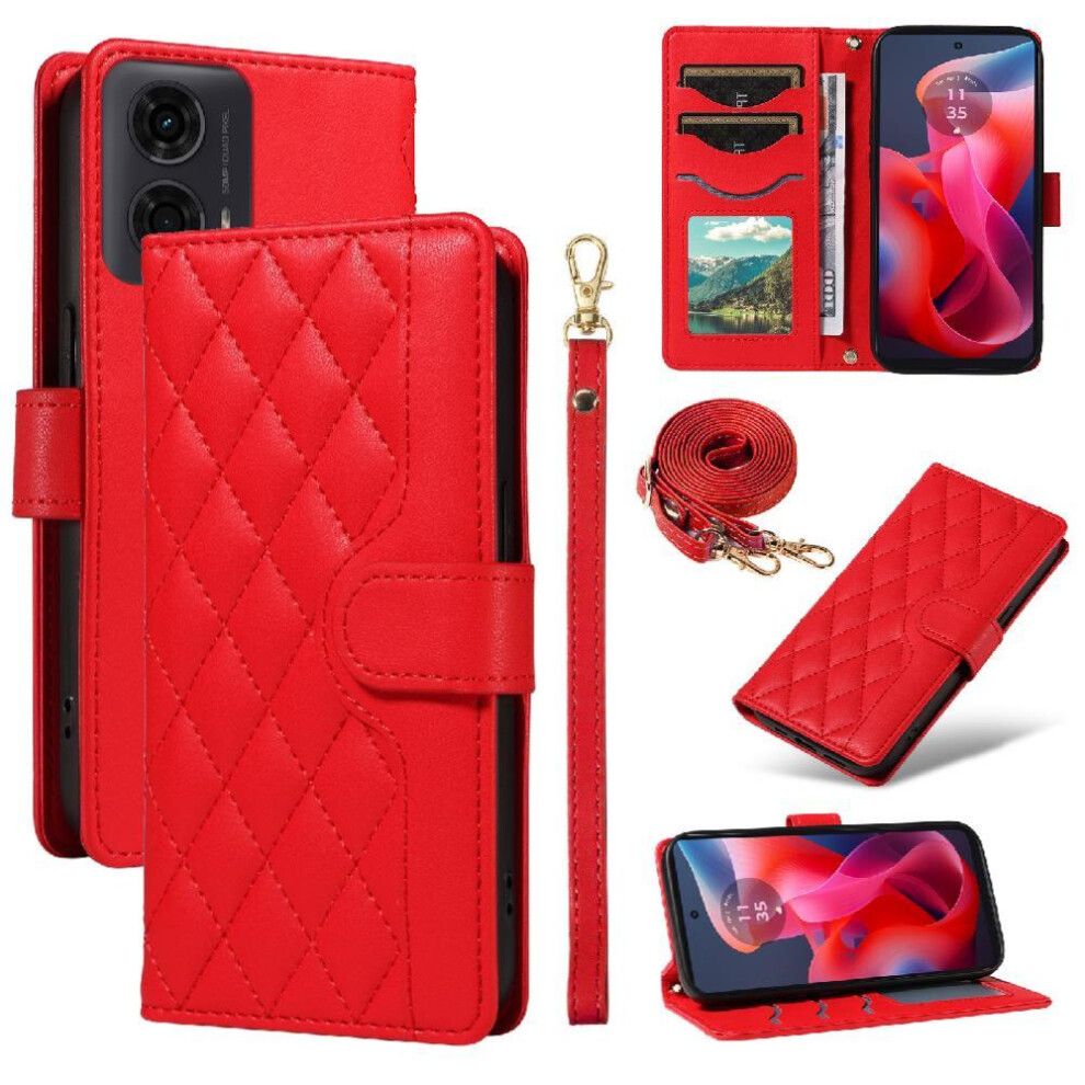 (Red) Flip Case For Motorola Moto G04 Wallet Card Slots Detachable Wrist Strap And Long Lanyard Lattice Flip Folio Phone Case With Stand Red 764563678808