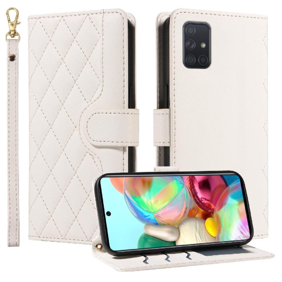 (White) Flip Case For Samsung Galaxy A71 4G Wallet Card Slots Detachable Wrist Strap And Long Lanyard Lattice Flip Folio Phone Case With Stand White 764563678921