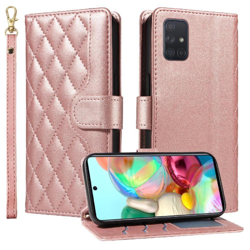 (Pink) Flip Case For Samsung Galaxy A71 4G Wallet Card Slots Detachable Wrist Strap And Long Lanyard Lattice Flip Folio Phone Case With Stand Pink 764563678853