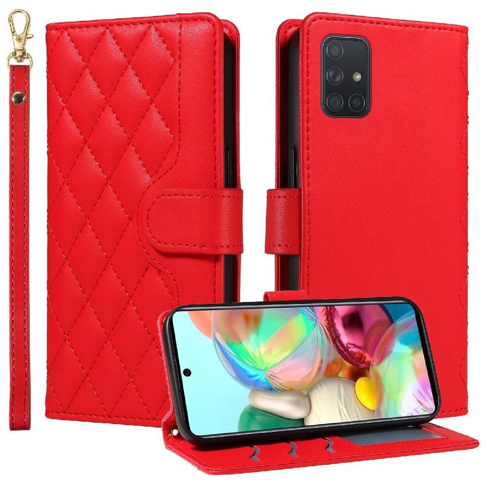 (Red) Flip Case For Samsung Galaxy A71 4G Wallet Card Slots Detachable Wrist Strap And Long Lanyard Lattice Flip Folio Phone Case With Stand Red 764563678884