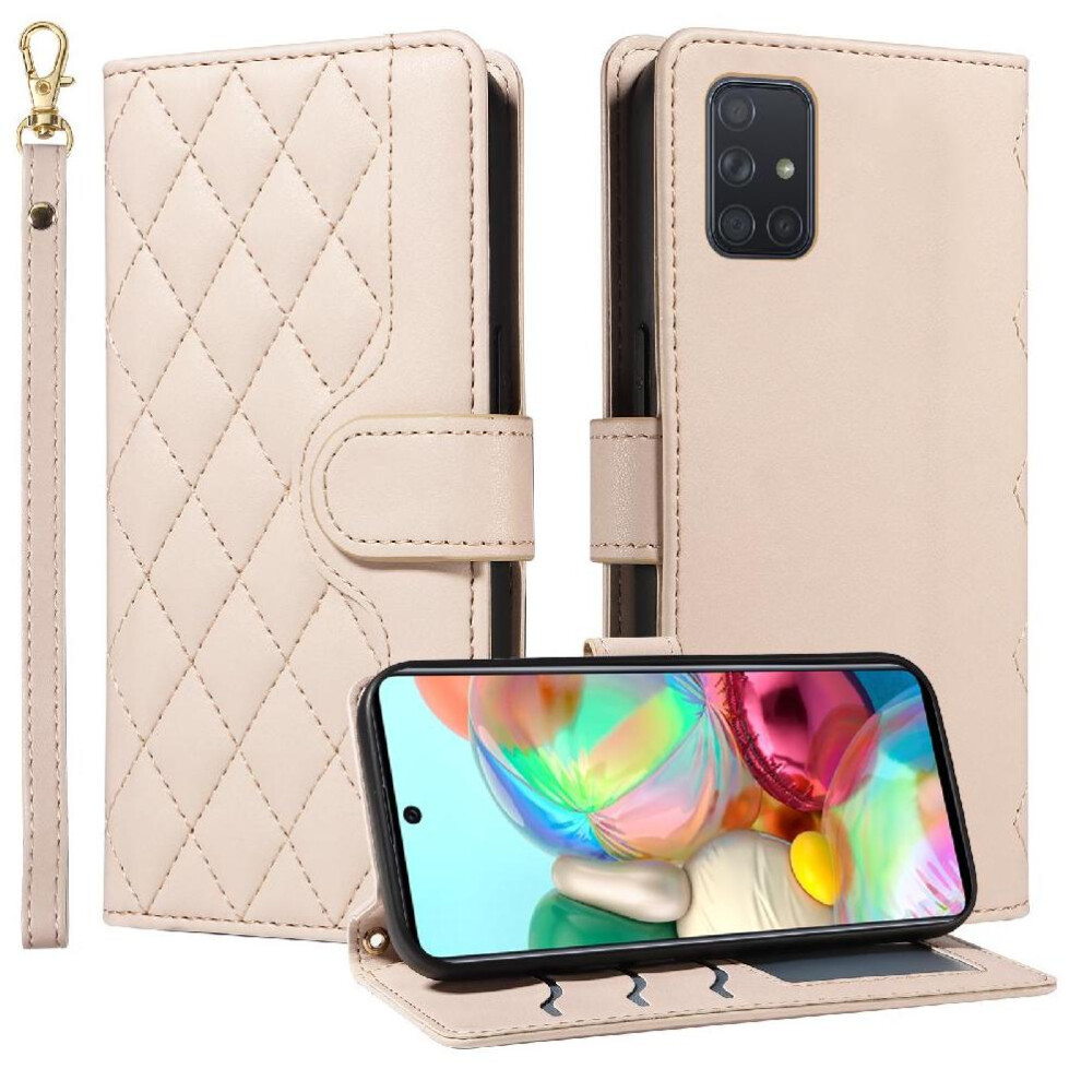 (Creamy ) Flip Case For Samsung Galaxy A71 4G Wallet Card Slots Detachable Wrist Strap And Long Lanyard Lattice Flip Folio Phone Case With Stand White 764563678891