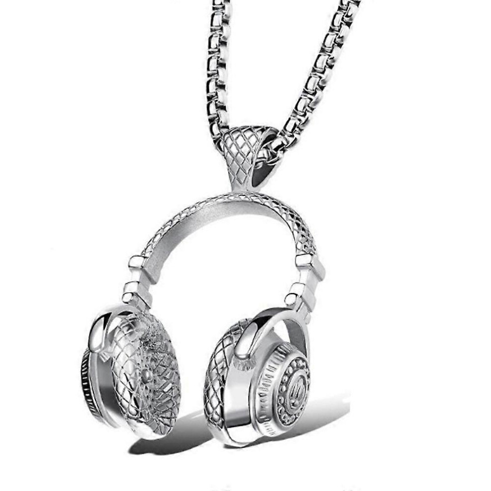 (As show, One size) Stainless Steel Mens Punk Rock Headphone Pendant Biker Necklace