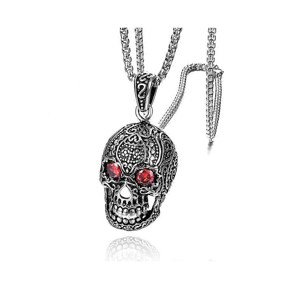 (As show, One size) Hollow Skeleton Gothic Skull Pendant Stainless Steel Necklace for Men W. Red Crystal Eyes,Silver Color