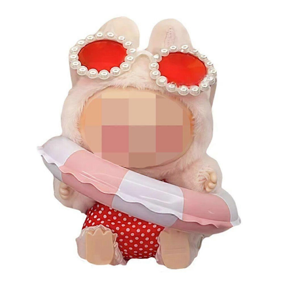 (As show, One size) 17cm doll clothing, Labubu summer accessories set, polka dot swimsuit + swimming ring + glasses, red (no doll)