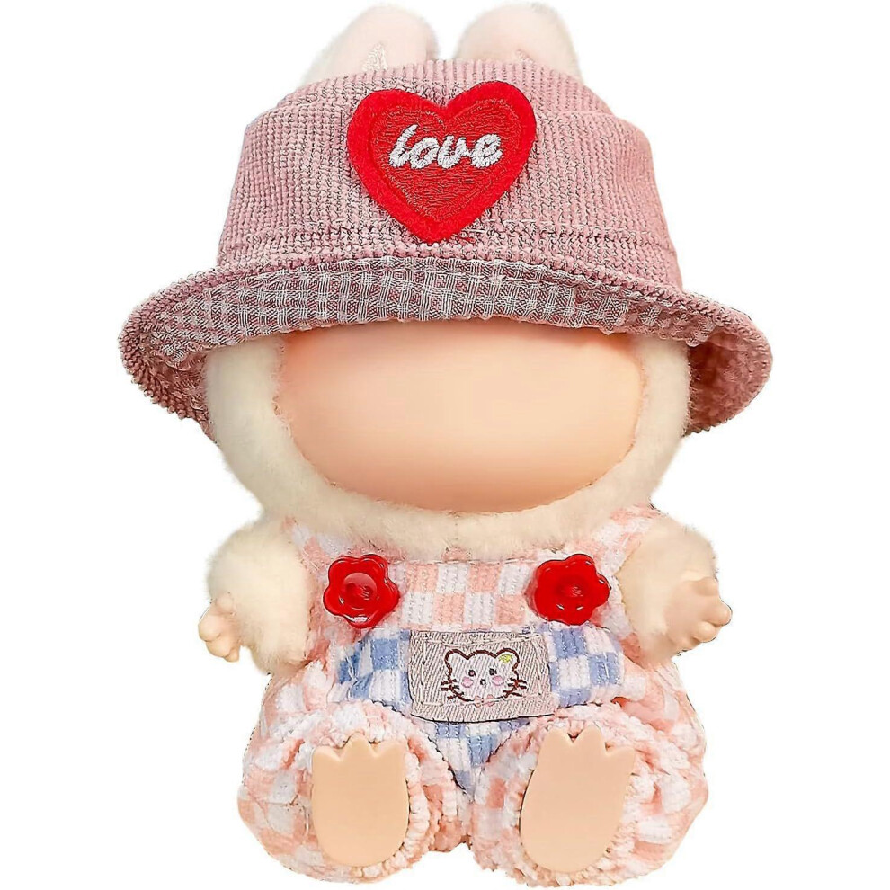 (As show, One size) 17cm Cute Doll Clothes - Kawaii Fashion Set for Labubu - Pink Plaid Bodysuit + Heart Shaped Pink Hat (Without Doll)