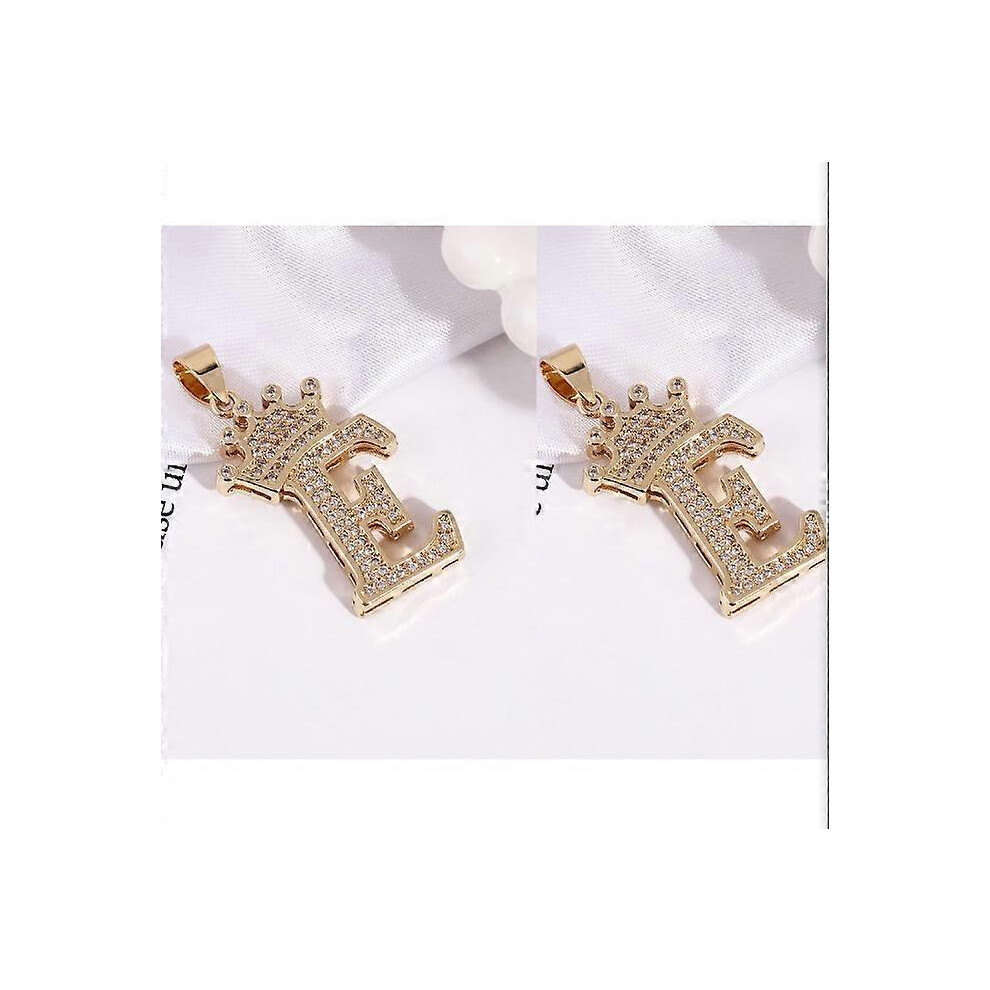 (As show, One size) 2pieces 26 English Womens Letters Crown Pendant Necklace Stainless Steel Chain Zircon(E)