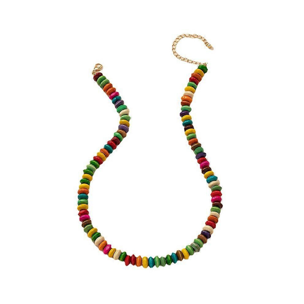 (As show, One size) 1 Multicoloured Button and Round Wood Bead Necklace
