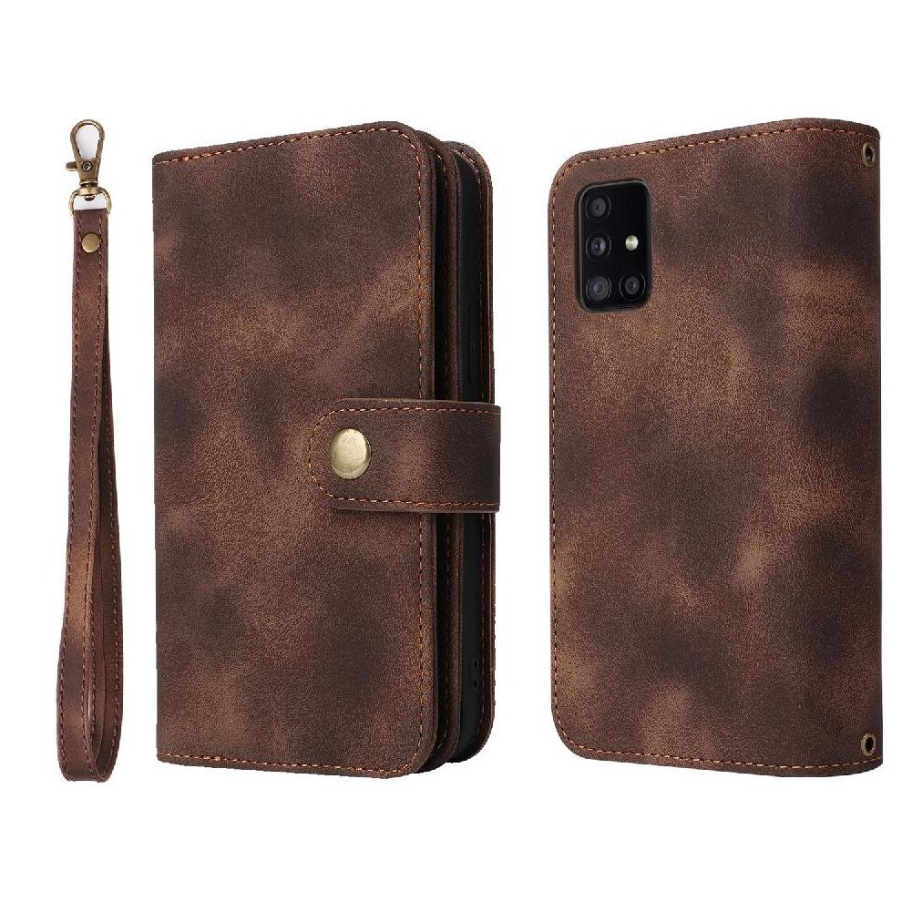 (Brown) Flip Case For Samsung Galaxy A71 4G Wrist Strap Multifunctional Wallet Card Slots Shockproof Flip Brown 764563679966