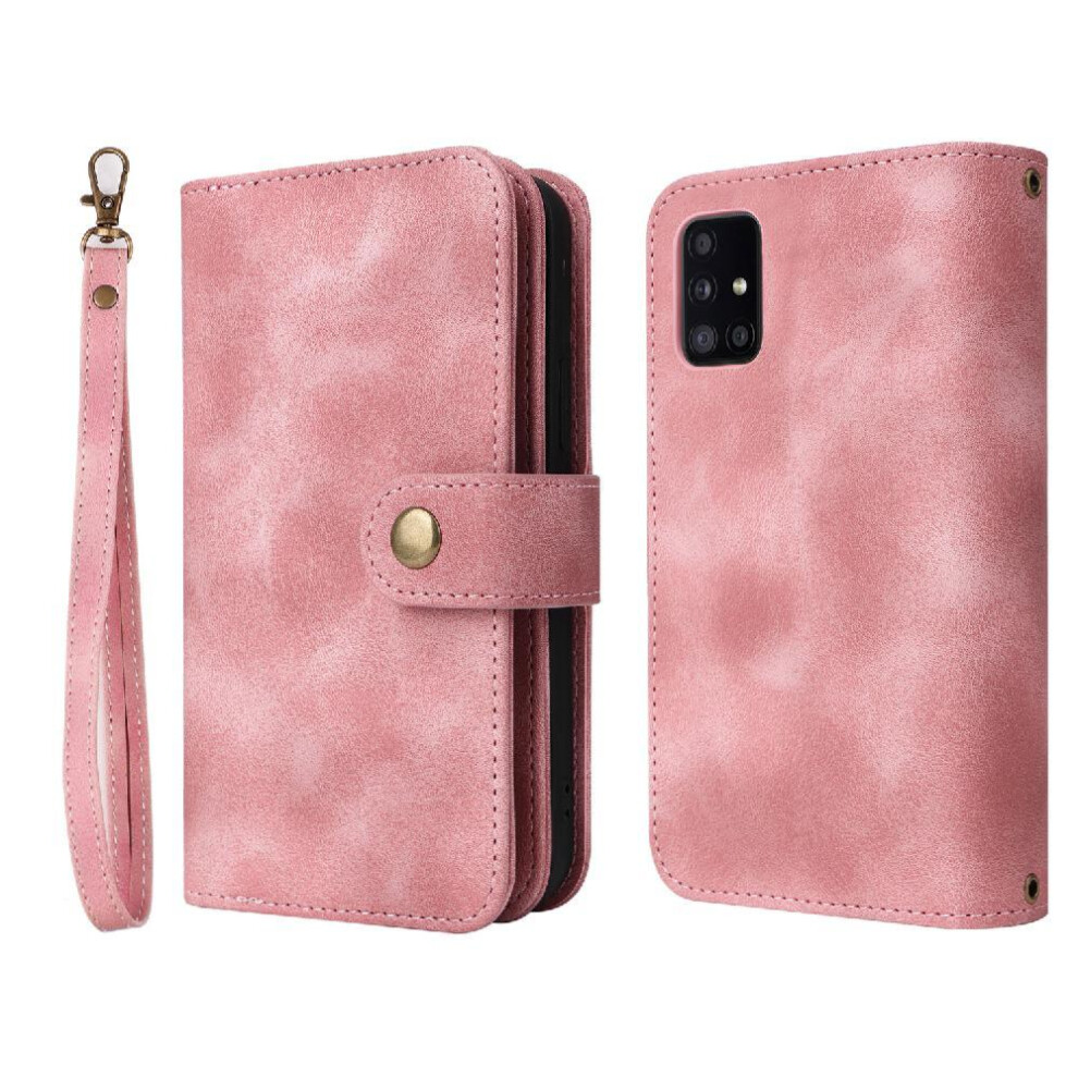 (Pink) Flip Case For Samsung Galaxy A71 4G Wrist Strap Multifunctional Wallet Card Slots Shockproof Flip Pink 764563679959