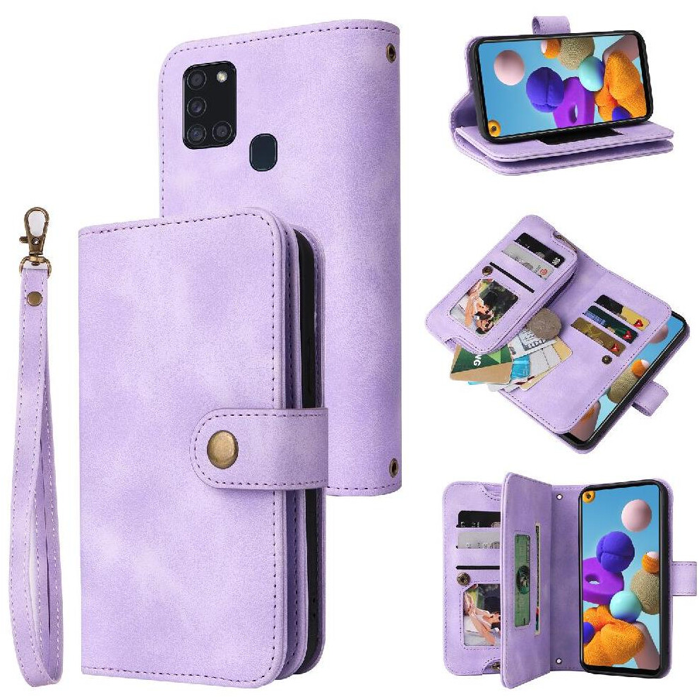 (Purple) Flip Case For Samsung Galaxy A21s Wrist Strap Card Slots Flip Shockproof Multifunctional Wallet Purple 764563680023
