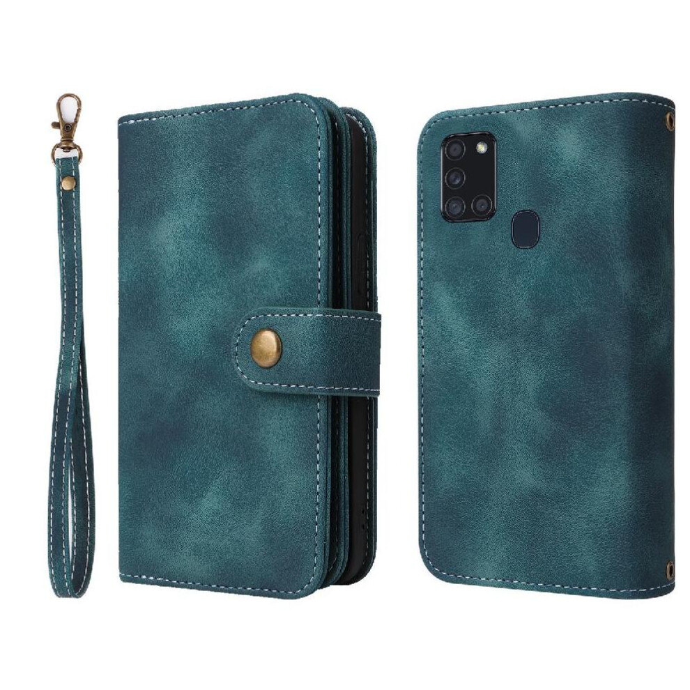 (Blue) Flip Case For Samsung Galaxy A21s Wrist Strap Card Slots Flip Shockproof Multifunctional Wallet Blue 764563679997