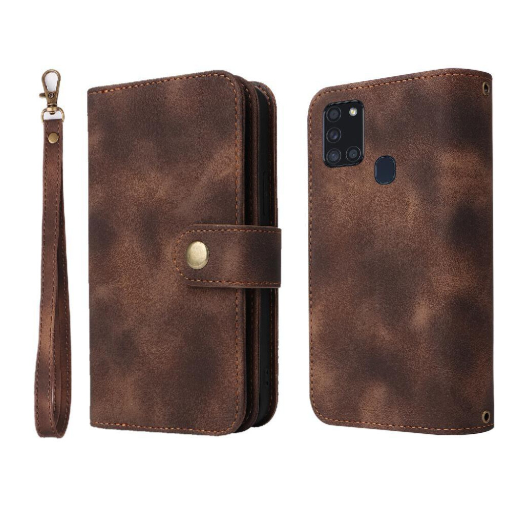 (Brown) Flip Case For Samsung Galaxy A21s Wrist Strap Card Slots Flip Shockproof Multifunctional Wallet Brown 764563680016