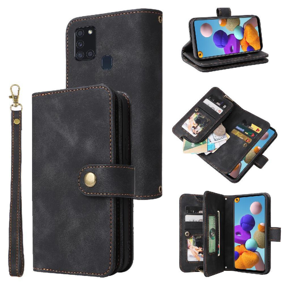 (Black) Flip Case For Samsung Galaxy A21s Wrist Strap Card Slots Flip Shockproof Multifunctional Wallet Black 764563680030