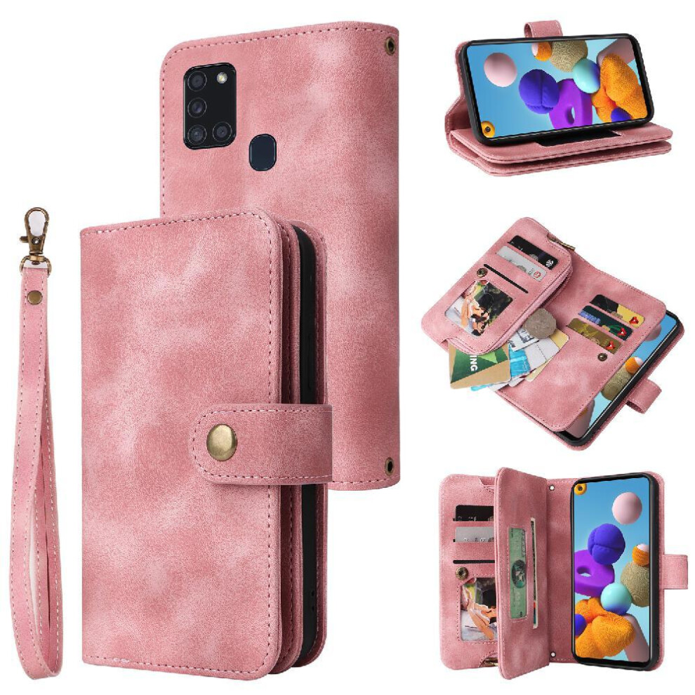 (Pink) Flip Case For Samsung Galaxy A21s Wrist Strap Card Slots Flip Shockproof Multifunctional Wallet Pink 764563680009