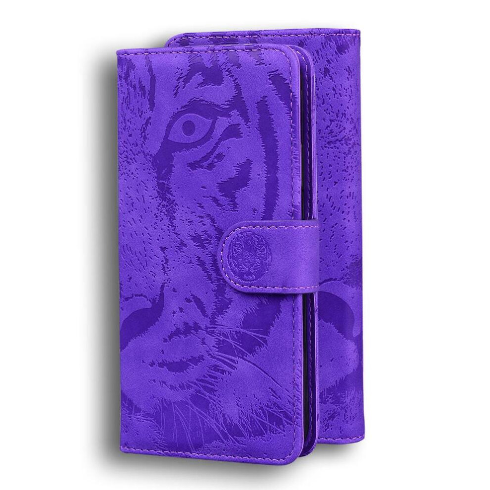(Purple) Flip Case For Motorola Moto G04 Kickstand Protective Embossed Cute Tiger Leather Wallet Purple 764563680382